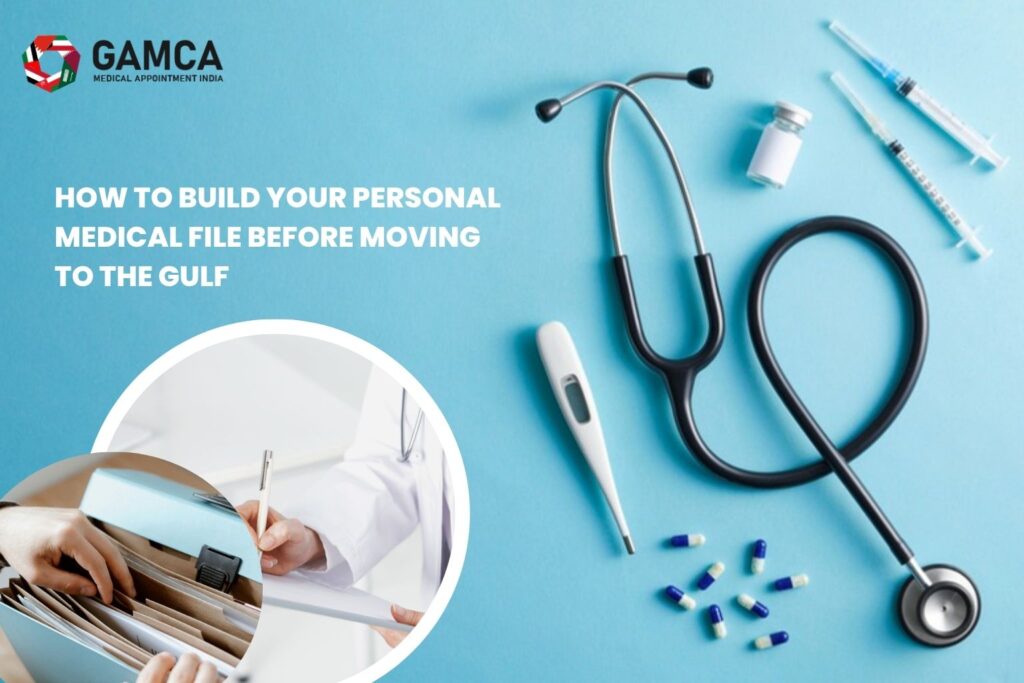 Filing medical checkup reports, vaccine cards, and passport ready for a GAMCA medical appointment in India